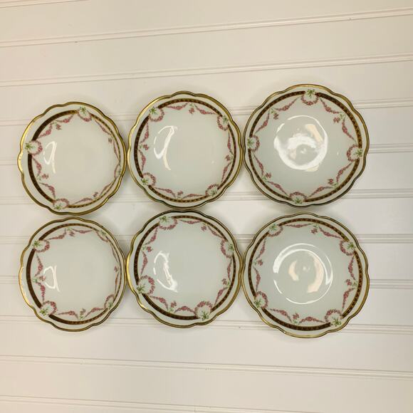 MZ Austria Small Bowl Rose Garland Trim Burgundy Gold Trim Set 6 5" diameter - Picture 3 of 8